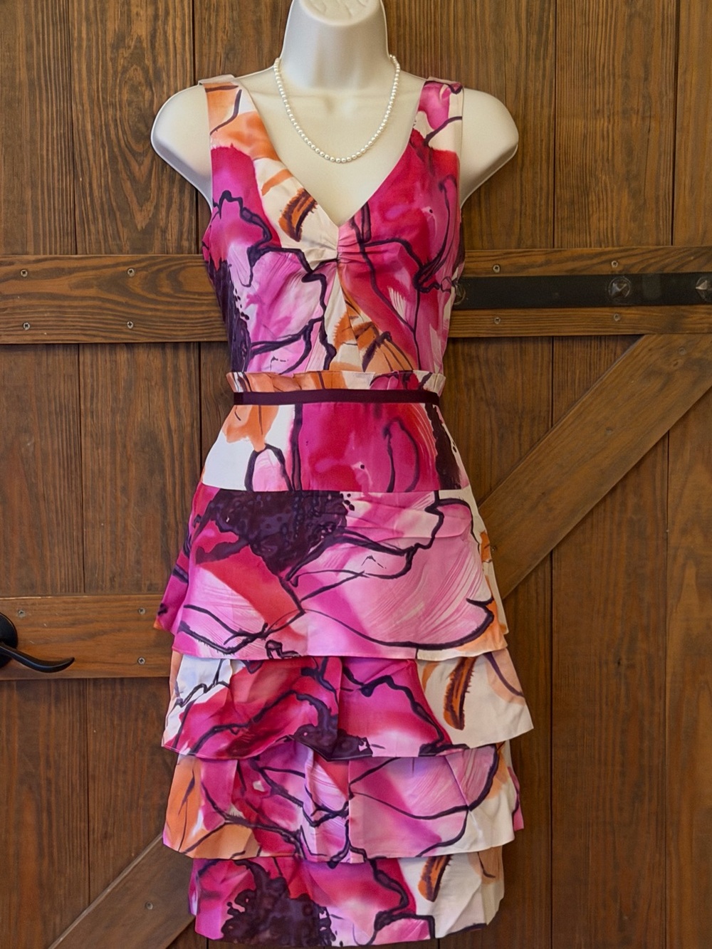 Moulinette Soeurs Pink & Orange Floral Tiered V-Neck Midi Dress